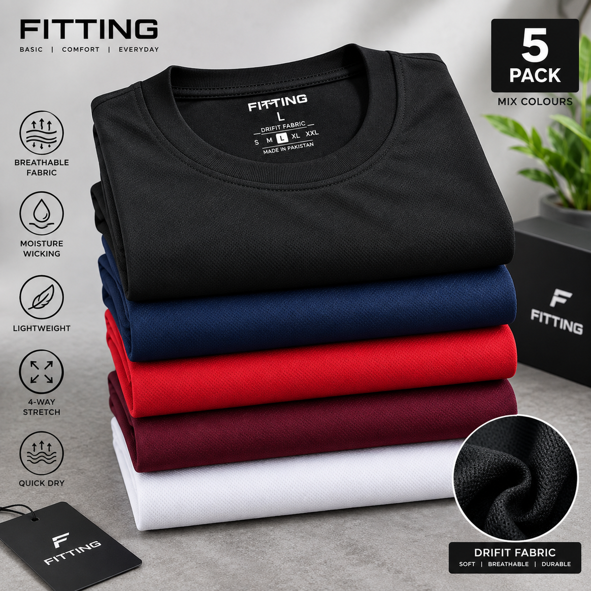 Pack Of 5 Men’s Basic DRIFIT T-Shirt – Moisture Wicking, Breathable & Quick Dry Sports T-Shirt – 5 Colours