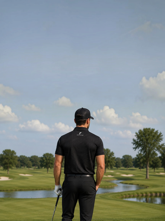 Golfer wearing a FITTING premium black performance polo shirt with subtle topographic print on a sunny golf course.