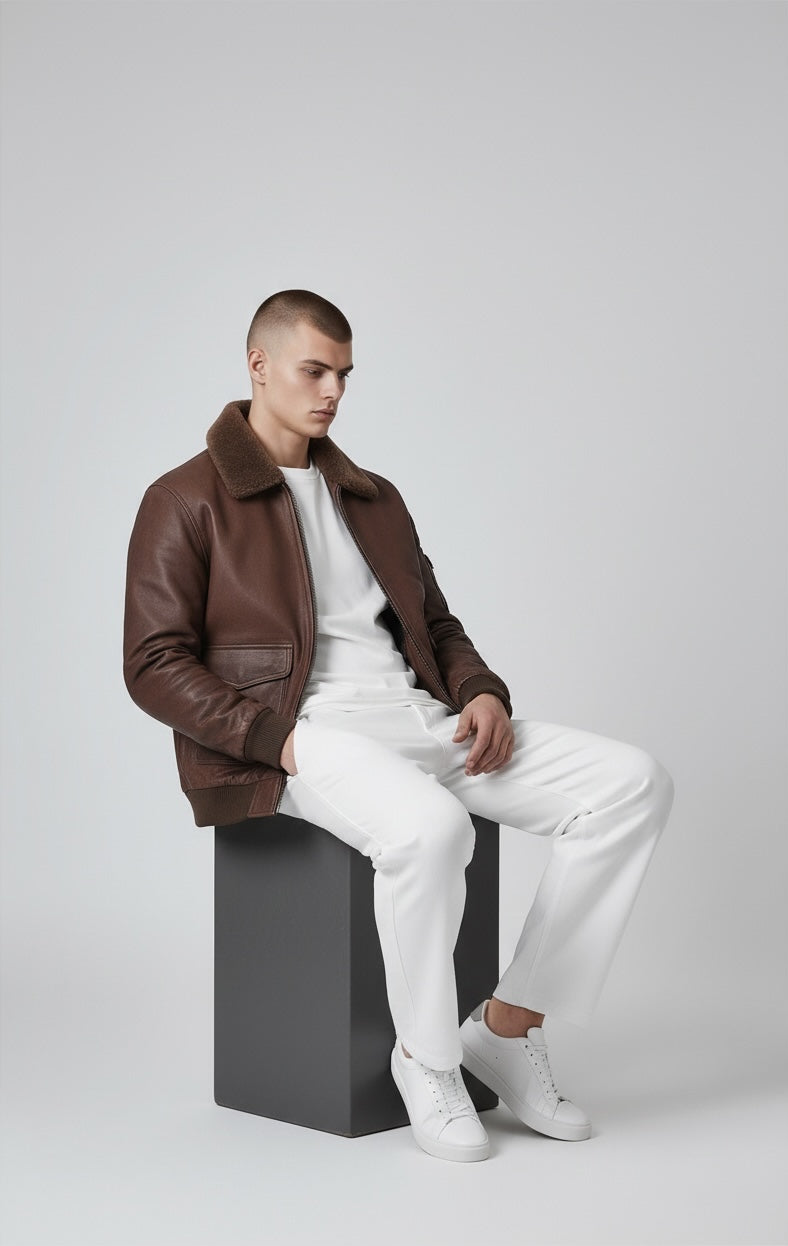 FITTING brown leather bomber jacket with a shearling collar worn by a man in white jeans and sneakers