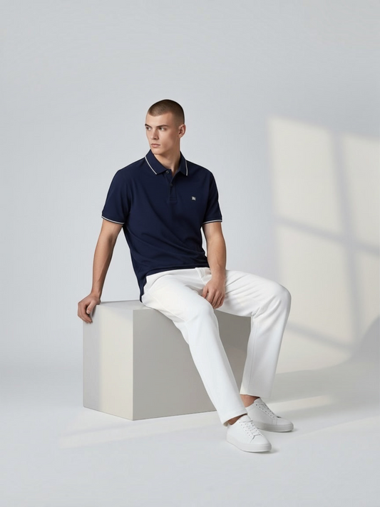 FITTING navy blue cotton polo shirt with white contrast tipping on collar and sleeves worn by a model on a cube