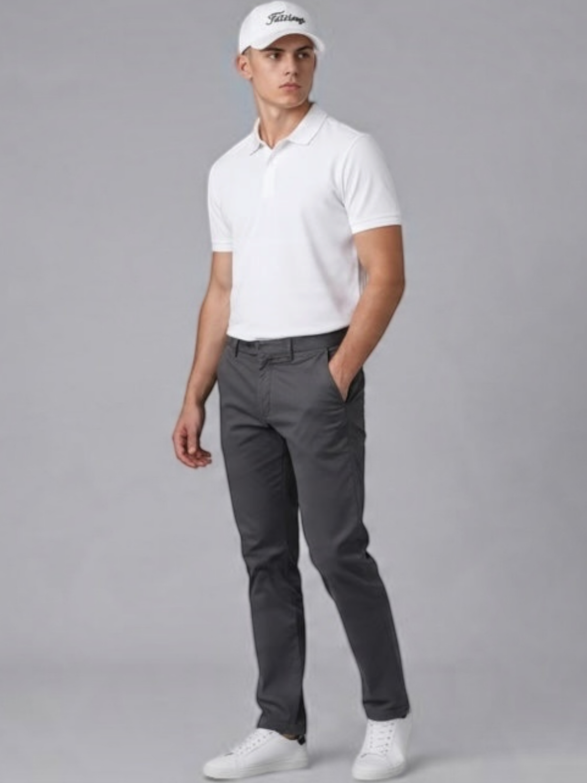 A model wearing a FITTING white baseball cap with black embroidered logo, white polo shirt, and grey chinos.
