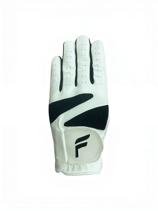 FITTING premium men's golf glove in white and black with breathable ventilation and reinforced leather construction