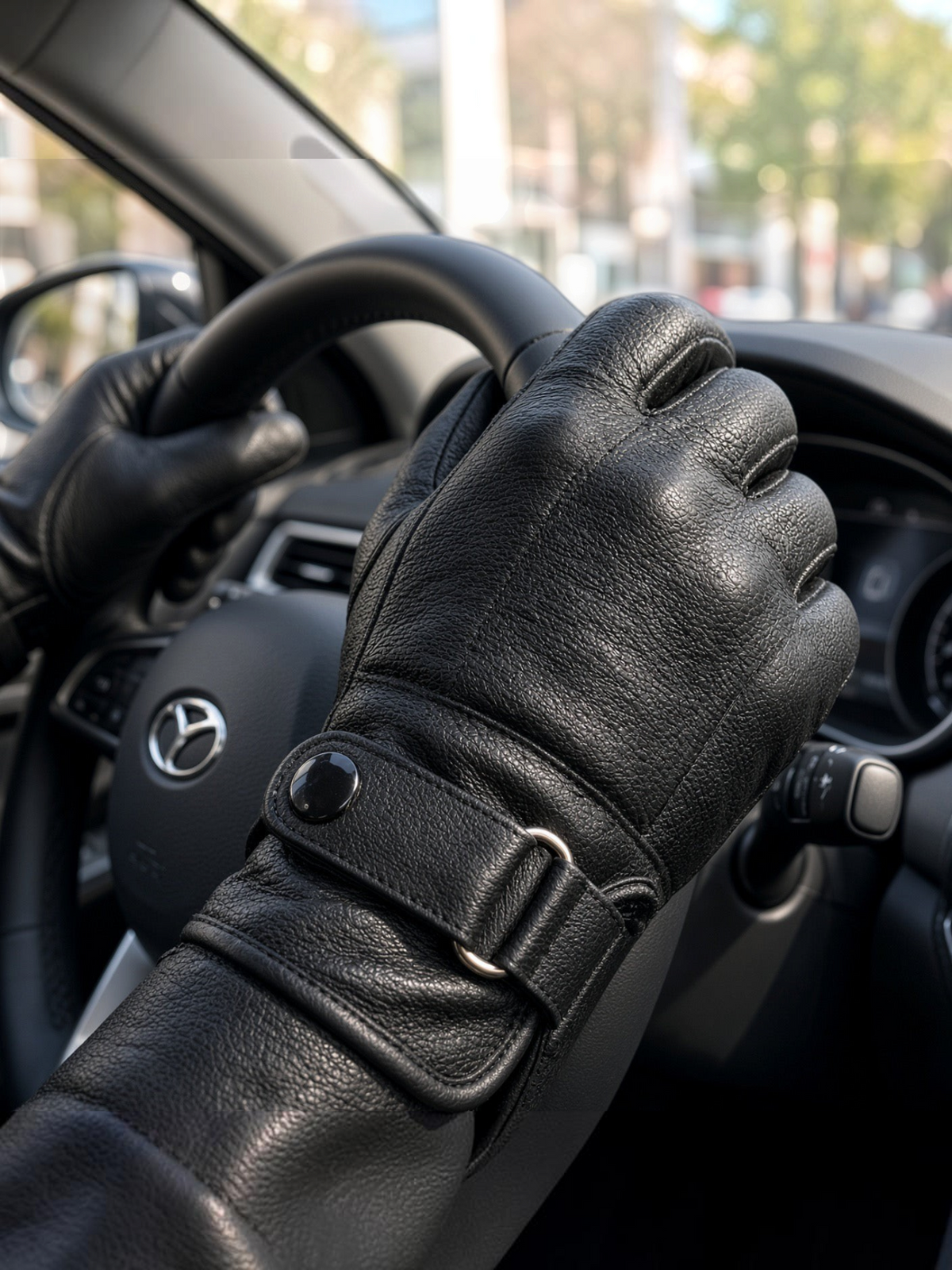 FITTING premium black leather driving gloves for men featuring a secure strap and buckle on a car steering wheel