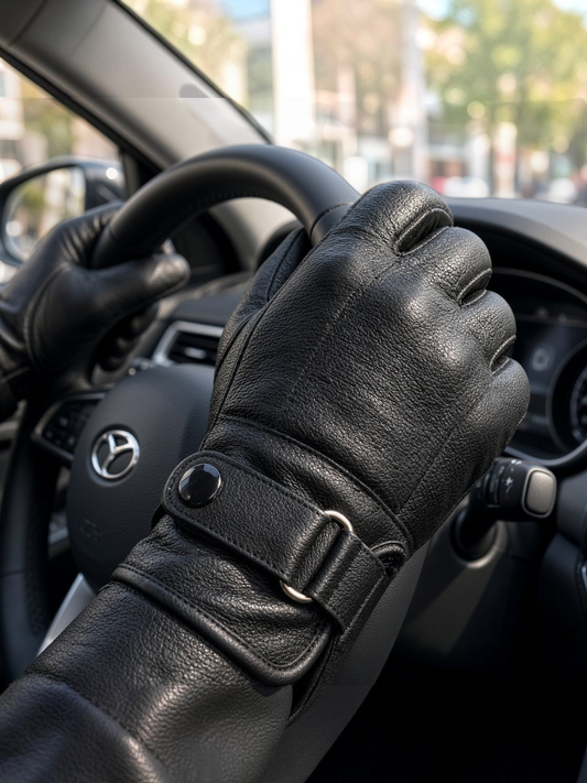 FITTING premium black leather driving gloves for men featuring a secure strap and buckle on a car steering wheel
