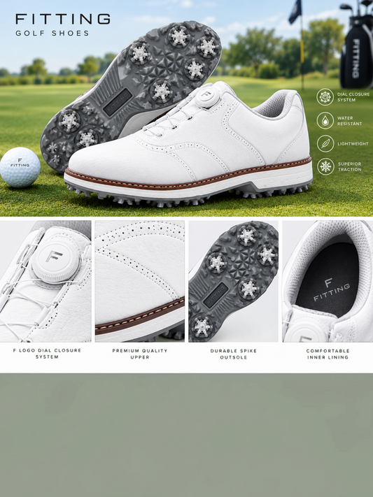 FITTING white waterproof golf shoes featuring a dial closure system, spiked outsole, and premium leather-look upper.