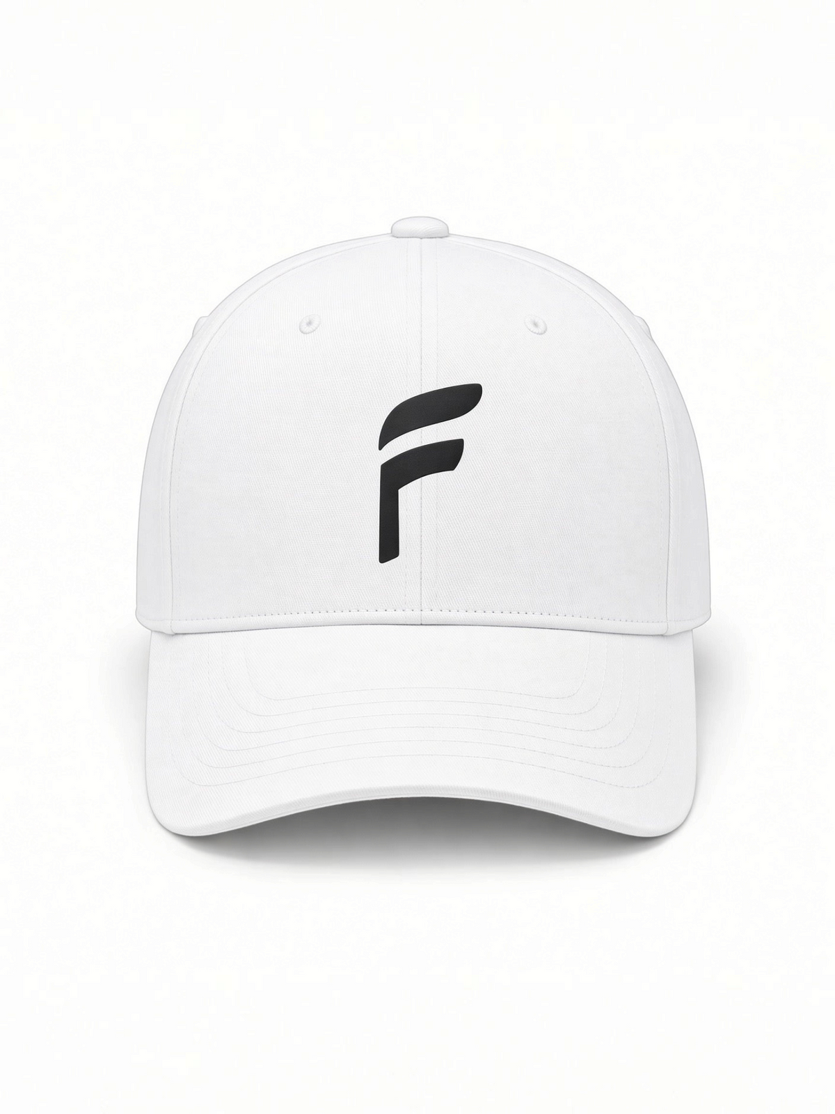 FITTING premium white golf cap with a structured design, curved visor, and black embroidered F logo on the front.