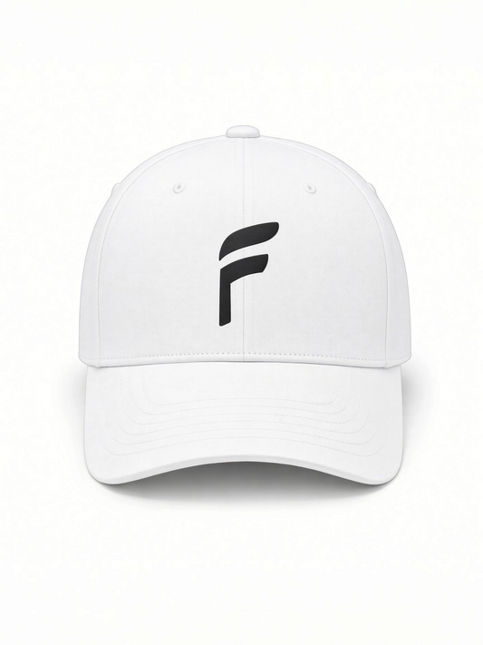 FITTING premium white golf cap with a structured design, curved visor, and black embroidered F logo on the front.
