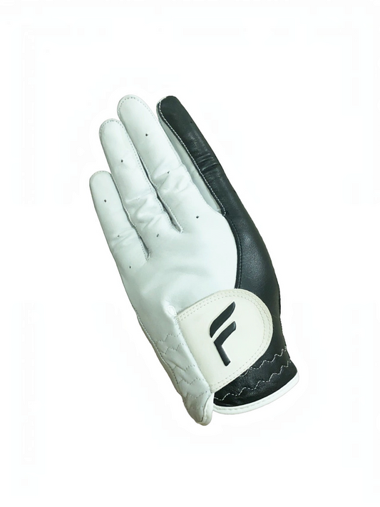 FITTING premium men's golf glove in black and white with breathable ventilation and reinforced stitching
