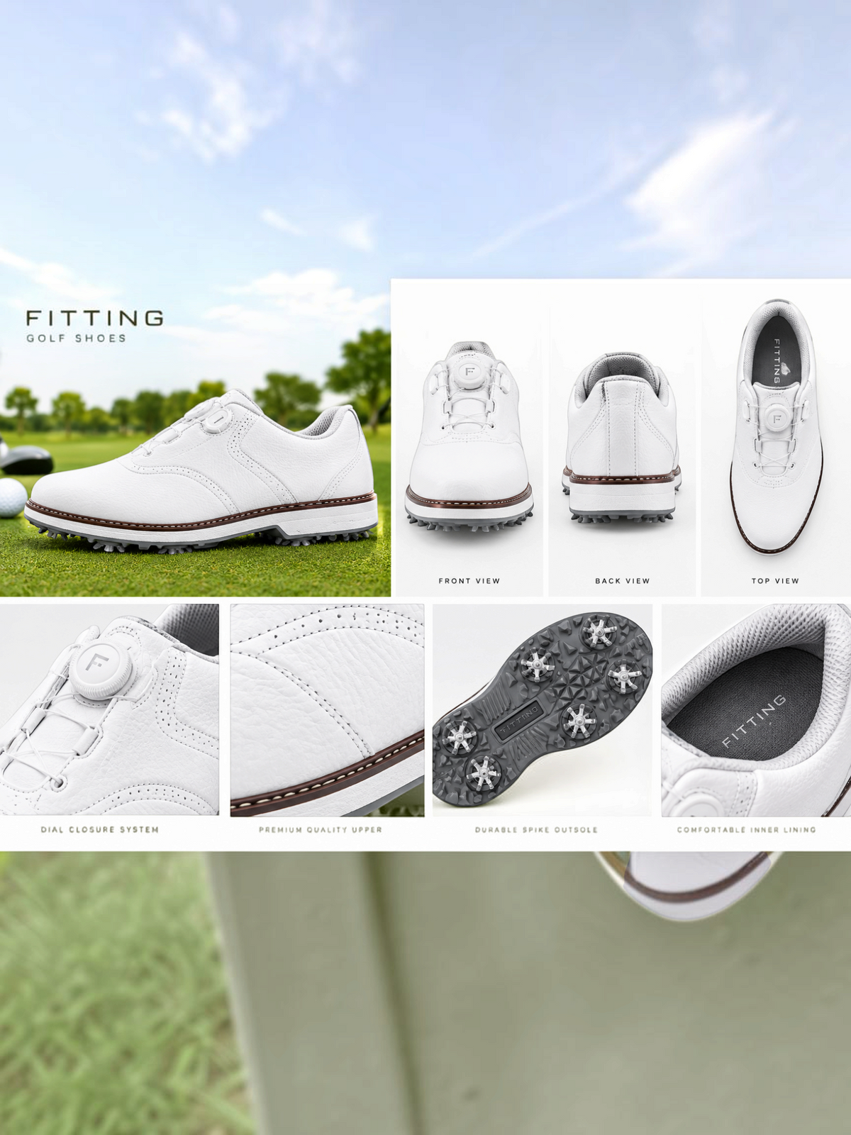 FITTING premium white golf shoes for men featuring a dial closure system, durable spike outsole, and waterproof design