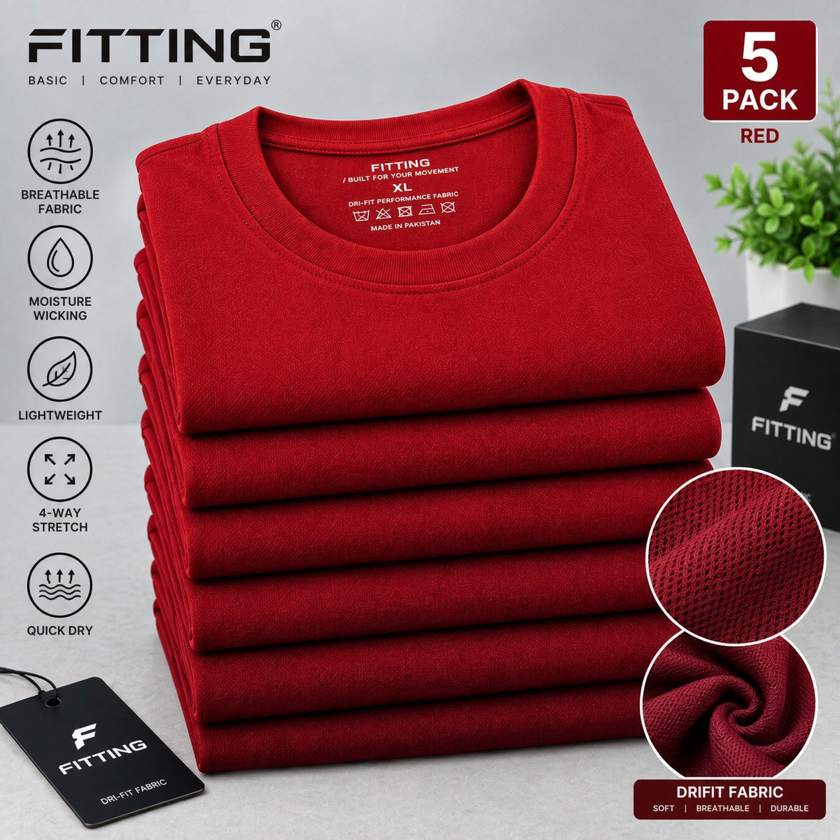 Pack Of 5 Men’s Basic DRIFIT T-Shirt – Moisture Wicking, Breathable & Quick Dry Sports T-Shirt – 5 Colours