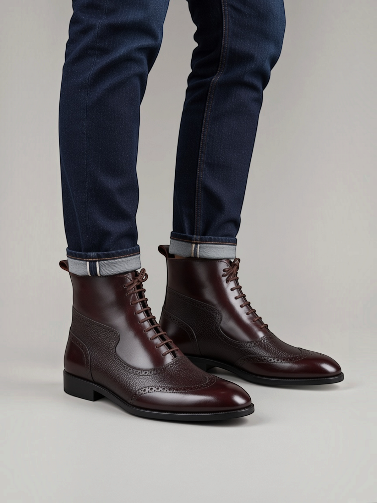 FITTING men's burgundy leather brogue ankle boots with lace-up closure worn with dark denim jeans