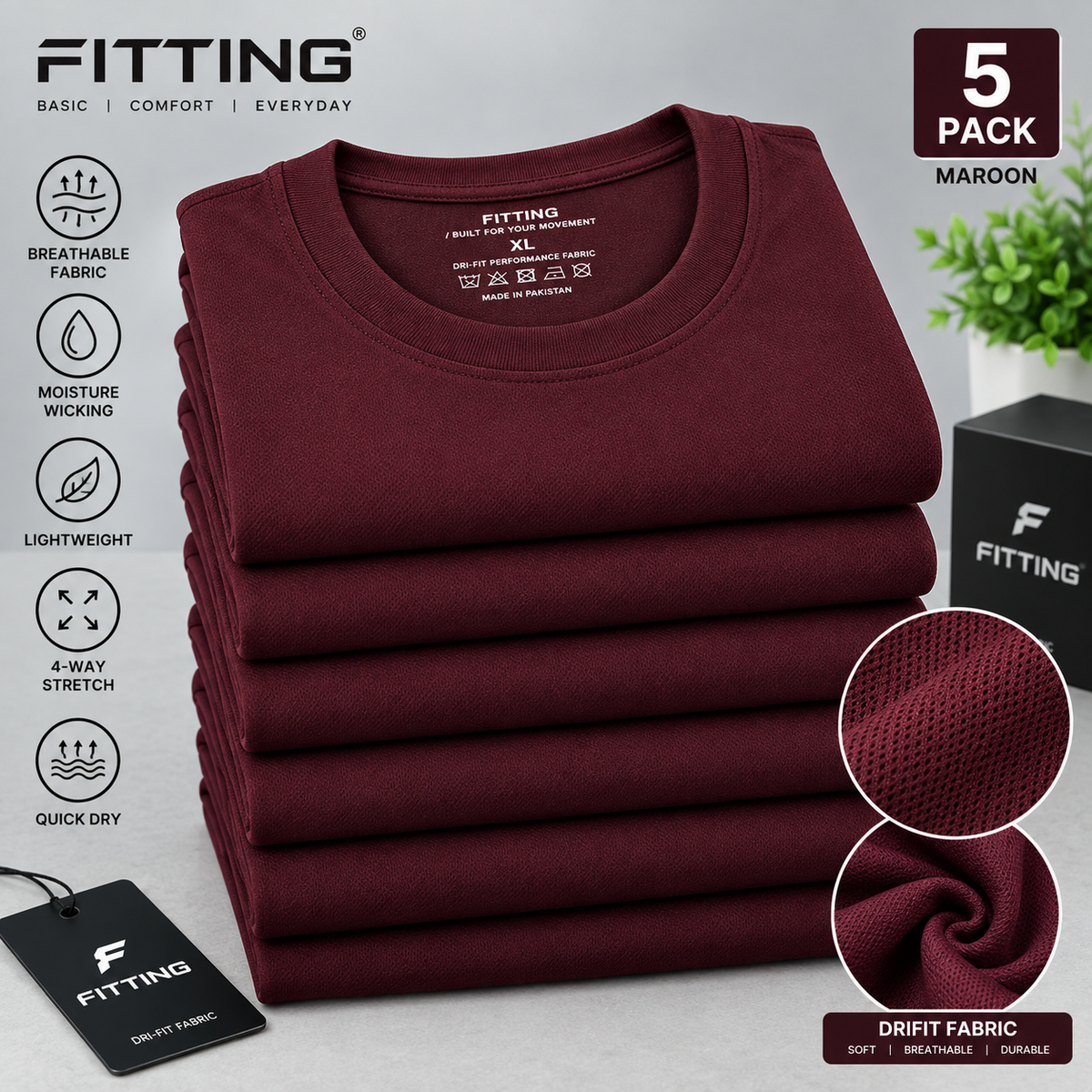 Pack Of 5 Men’s Basic DRIFIT T-Shirt – Moisture Wicking, Breathable & Quick Dry Sports T-Shirt – 5 Colours