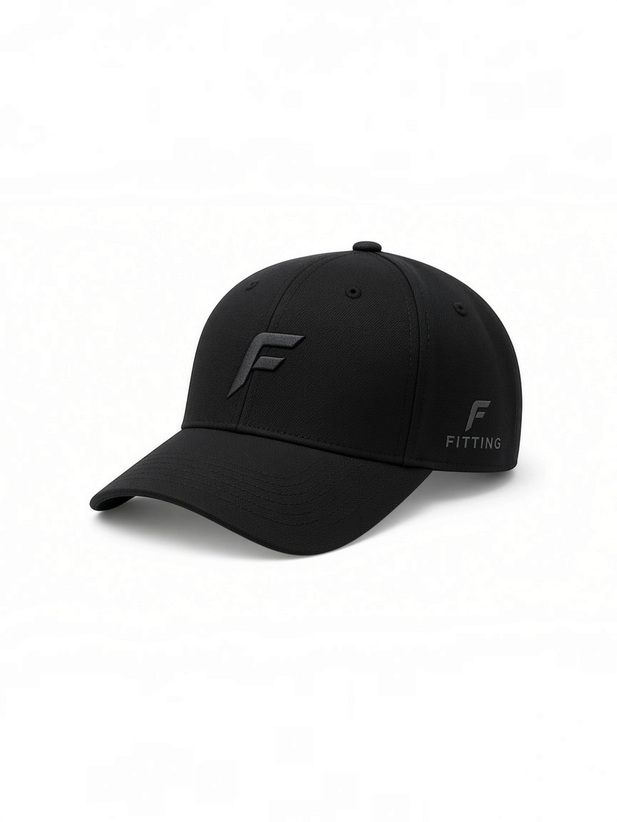 FITTING premium black golf cap with embroidered F logo and side branding, featuring a structured performance design.