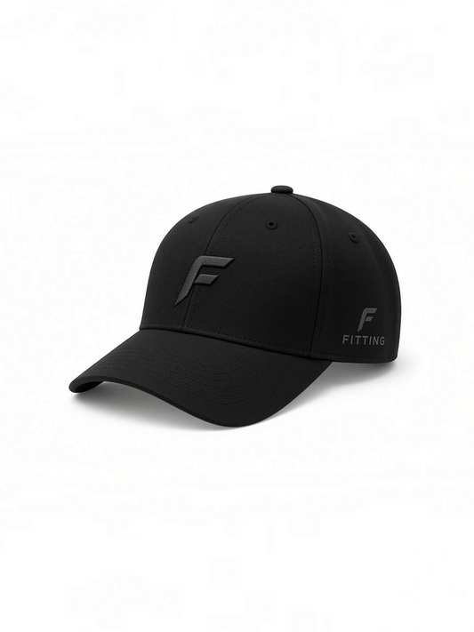 FITTING premium black golf cap with embroidered F logo and side branding, featuring a structured performance design.