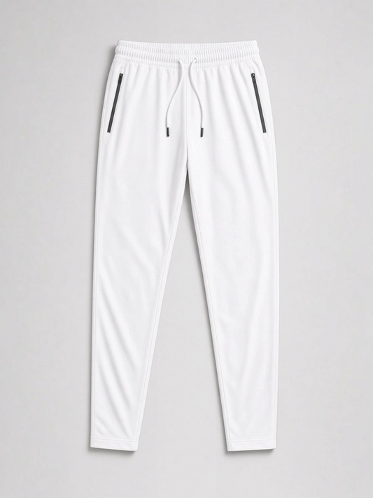 FITTING white Dri-Fit nylon spandex performance trousers with an elastic drawstring waist and zippered side pockets.