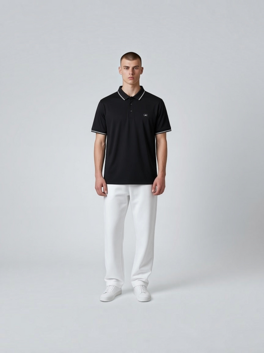 FITTING adidas performance black polo shirt with white contrast tipping on collar and cuffs worn by a male model