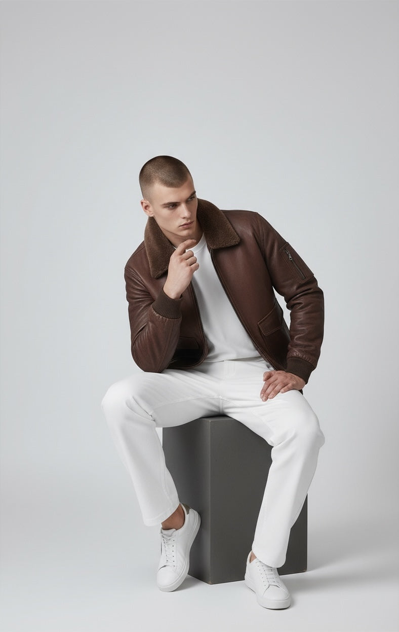 FITTING brown leather bomber jacket with shearling collar worn by a model sitting on a cube in white jeans