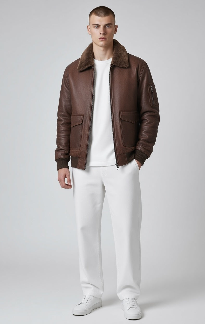 FITTING brown leather bomber jacket with a shearling collar, ribbed cuffs, and utility pocket worn by a male model.