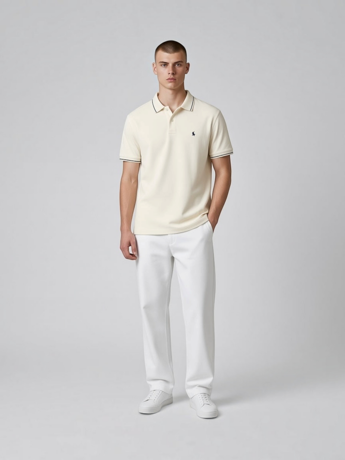 FITTING men's cream cotton polo shirt with contrast tipping on collar and sleeves, worn with white trousers.