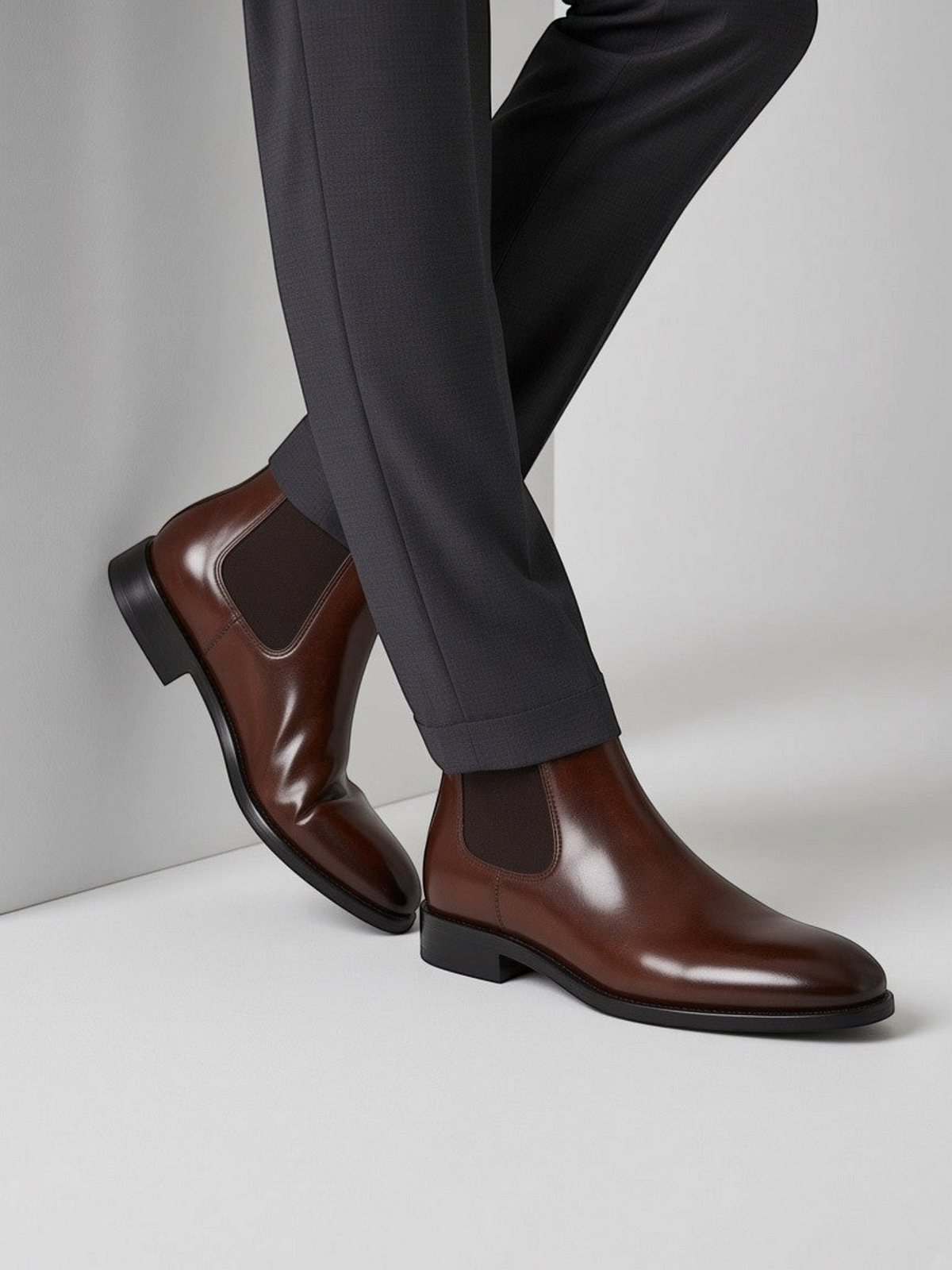 FITTING mahogany leather Chelsea boots with elastic side panels worn with grey trousers in a studio setting