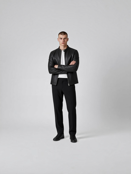 FITTING men's black leather jacket with a mandarin collar worn over a white t-shirt and black trousers