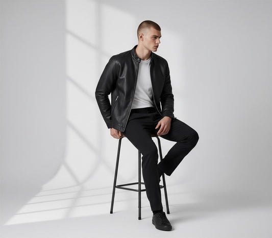 FITTING men's black leather jacket with mandarin collar, worn by a model sitting on a stool in a studio setting.