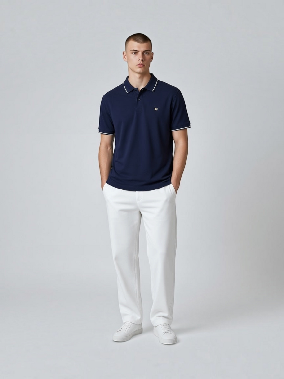 FITTING navy blue cotton polo shirt with white contrast tipping on collar and sleeves worn by a male model