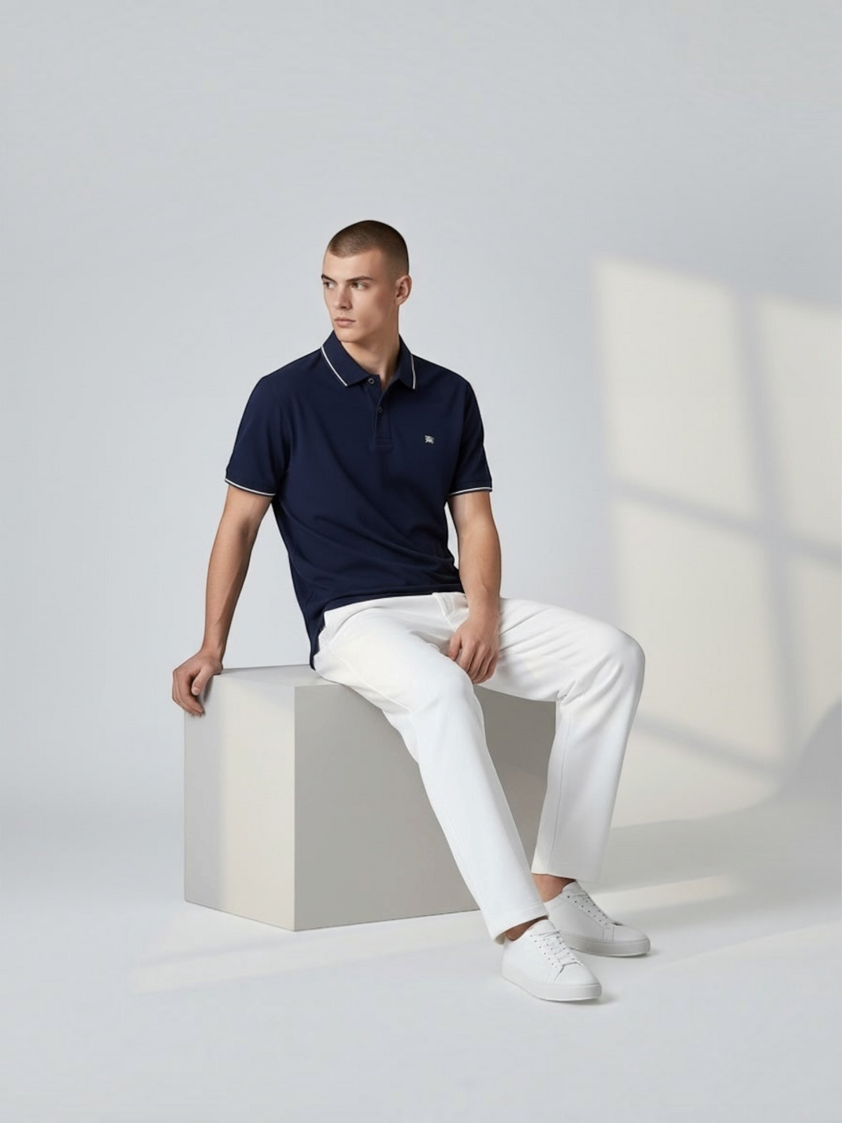 FITTING navy blue cotton polo shirt with white contrast tipping on collar and sleeves worn by a model on a cube