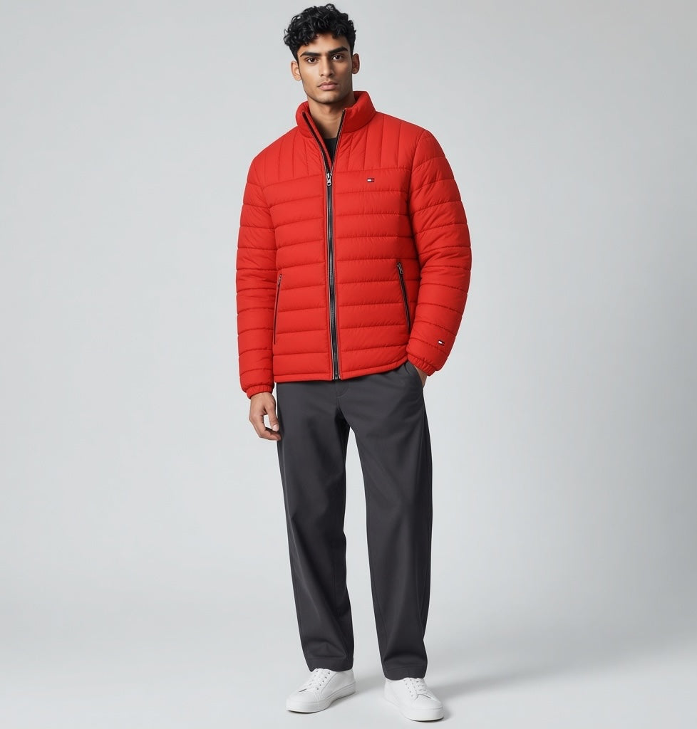 FITTING red lightweight quilted puffer jacket with high neck collar worn by a man with dark trousers and sneakers