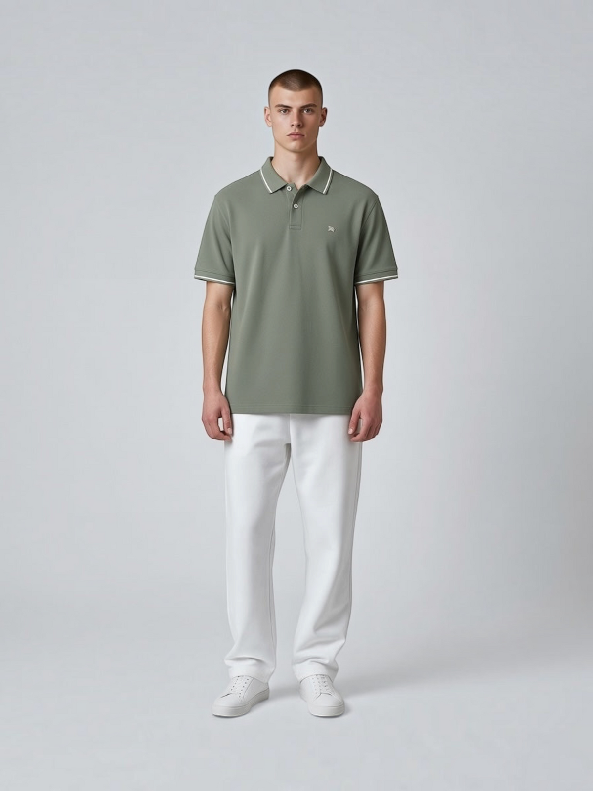 FITTING sage green short sleeve cotton polo shirt with contrast tipping on collar and sleeves worn by a male model