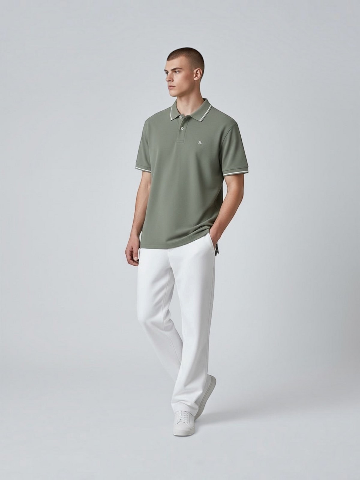 FITTING sage green cotton polo shirt with contrast tipping on collar and sleeves worn by a model with white trousers