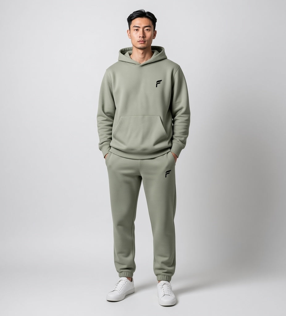 A man wearing a sage green FITTING Essential fleece hoodie and jogger set with a minimalist logo and white sneakers.