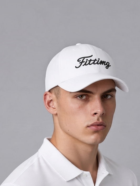 A man wearing a white FITTING baseball cap with black embroidered script logo, featuring a structured minimalist design.
