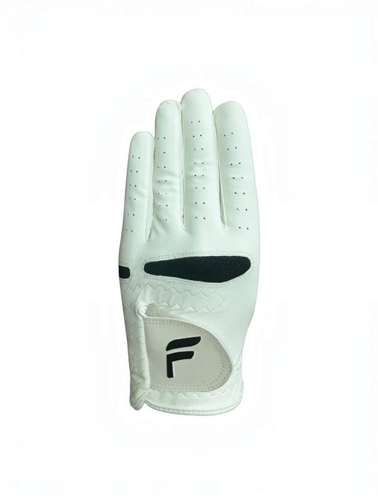 FITTING premium white golf glove with black accents, breathable ventilation holes, and reinforced leather construction.