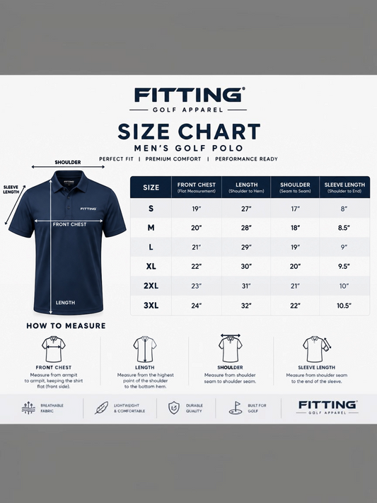 FITTING Executive Golf Polo size chart for men showing measurement guide for chest, length, shoulder, and sleeve.